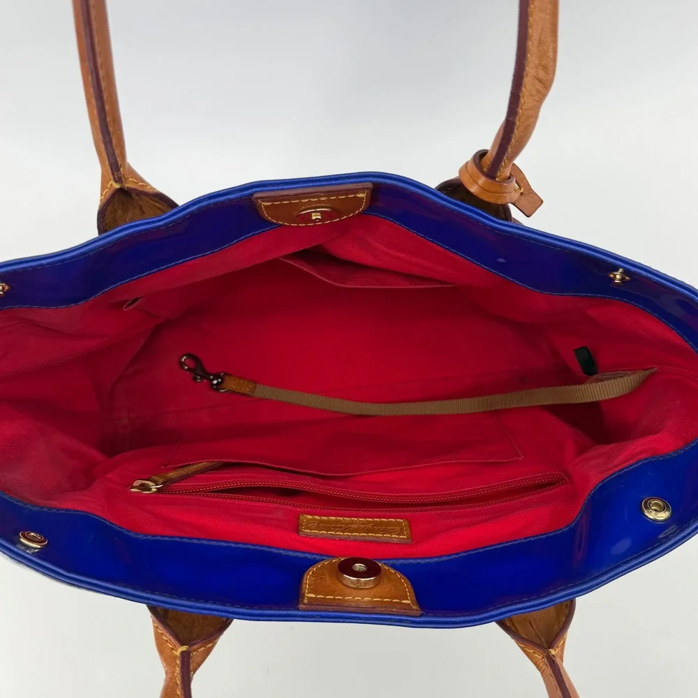 Dooney & Bourke Tote Bag Womens Medium Blue Patent Leather Tan Trim Shoulder Bag